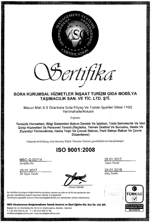 Bora Kurumsal ISO 9001:2008 Sertifikası
